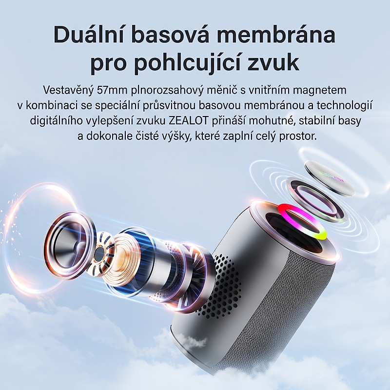 Bezdrátový reproduktor ZEO s výkonem 15W, barva černá, podpora bezdrátového Bluetooth, linkového vstupu AUX 3,5 mm, USB portu i slotu na TF karty, kapacita baterie 3000 mAh