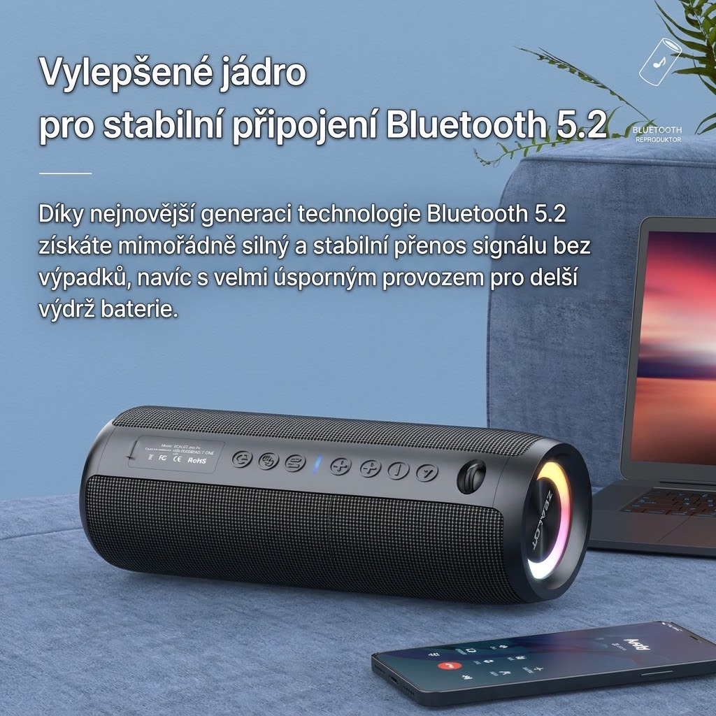 Bezdrátový reproduktor ZEO s výkonem 40W, barva černá, podpora bezdrátového Bluetooth, linkového vstupu AUX 3,5 mm, USB portu i slotu na TF karty, kapacita baterie 4000 mAh, IPX7