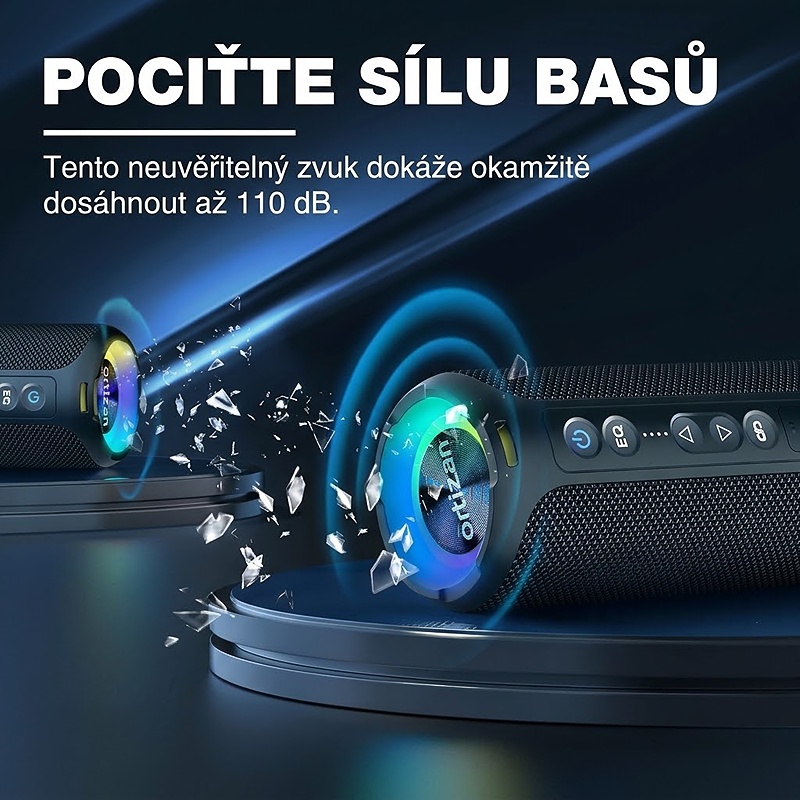 Bezdrátový reproduktor OTZ s výkonem 50W, barva černá, podpora bezdrátového Bluetooth, linkového vstupu AUX 3,5 mm, USB portu i slotu na TF karty, kapacita baterie 5200 mAh, IPX7