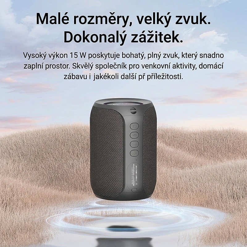 Bezdrátový reproduktor ZEO s výkonem 15W, barva černá, podpora bezdrátového Bluetooth, linkového vstupu AUX 3,5 mm, USB portu i slotu na TF karty, kapacita baterie 3000 mAh