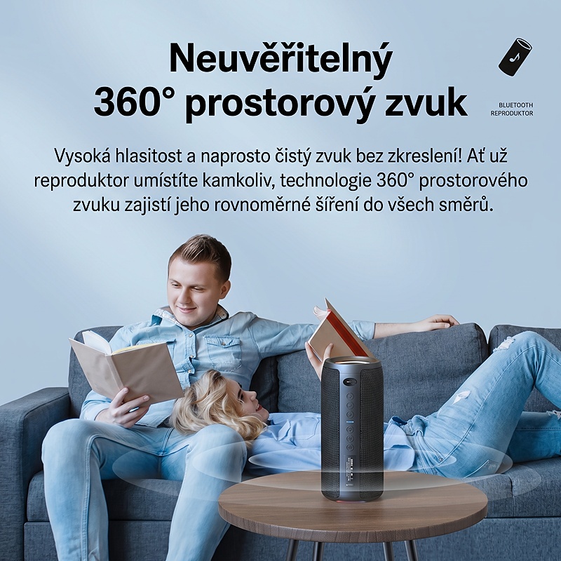 Bezdrátový reproduktor ZEO s výkonem 40W, barva černá, podpora bezdrátového Bluetooth, linkového vstupu AUX 3,5 mm, USB portu i slotu na TF karty, kapacita baterie 4000 mAh, IPX7