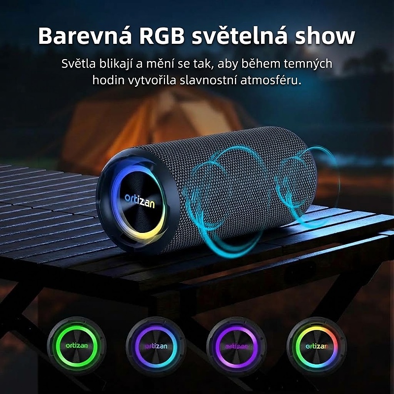 Bezdrátový reproduktor OTZ s výkonem 40W, barva černá, podpora bezdrátového Bluetooth, linkového vstupu AUX 3,5 mm, USB portu i slotu na TF karty, kapacita baterie 6600 mAh, IPX7