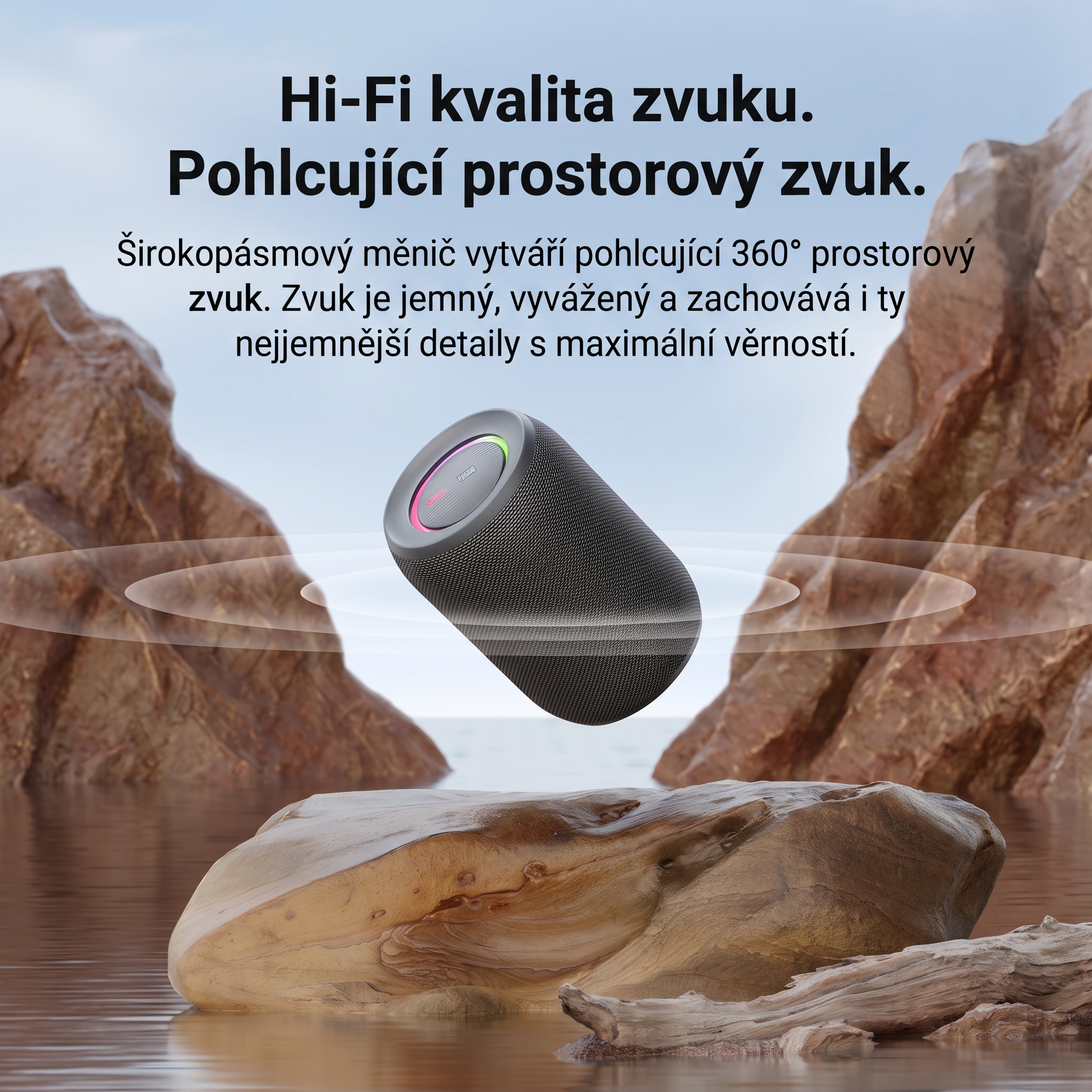 Bezdrátový reproduktor ZEO s výkonem 15W, barva černá, podpora bezdrátového Bluetooth, linkového vstupu AUX 3,5 mm, USB portu i slotu na TF karty, kapacita baterie 3000 mAh
