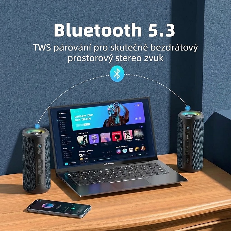 Bezdrátový reproduktor ZEO s výkonem 40W, barva černá, podpora bezdrátového Bluetooth, linkového vstupu AUX 3,5 mm, USB portu i slotu na TF karty, kapacita baterie 4000 mAh, IPX7