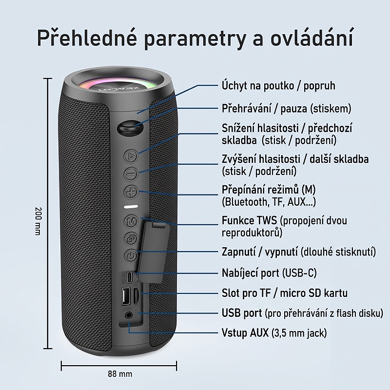 Bezdrátový reproduktor ZEO s výkonem 40W, barva černá, podpora bezdrátového Bluetooth, linkového vstupu AUX 3,5 mm, USB portu i slotu na TF karty, kapacita baterie 4000 mAh, IPX7