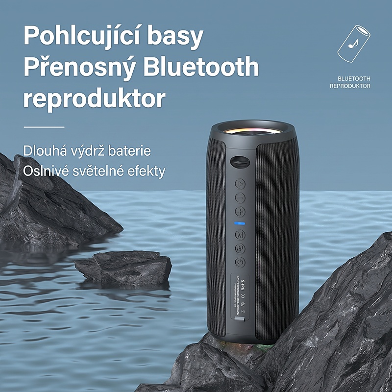 Bezdrátový reproduktor ZEO s výkonem 40W, barva černá, podpora bezdrátového Bluetooth, linkového vstupu AUX 3,5 mm, USB portu i slotu na TF karty, kapacita baterie 4000 mAh, IPX7
